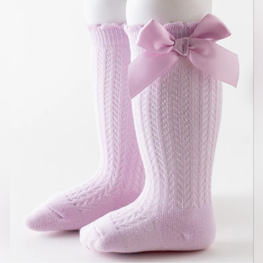 Baby Girl Purple Knit Knee High Socks Vintage Style Holiday Kids Bow Accessory